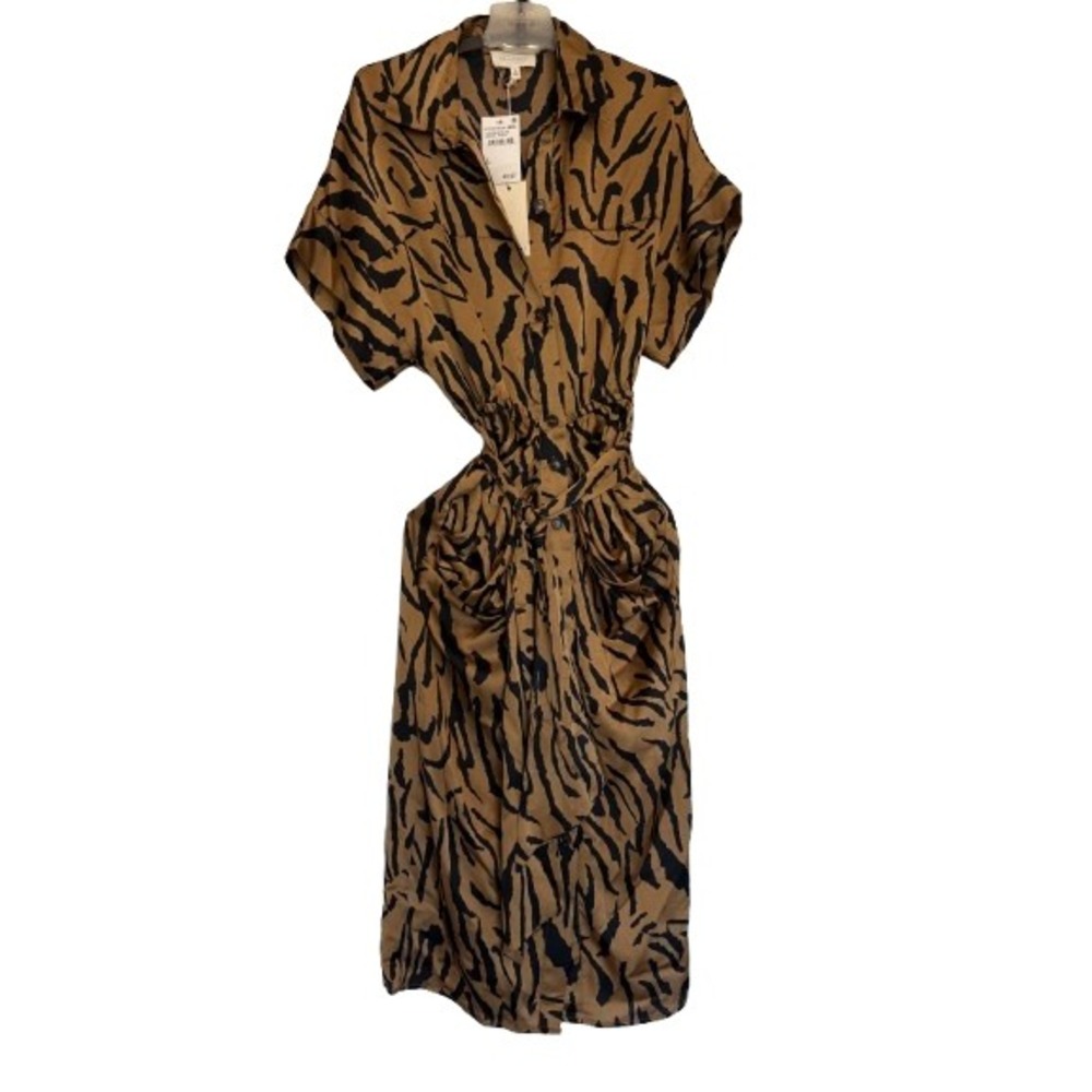 Melloday Womens Animal Print Shirt Dress Tan Black Tiger Stripe Midi Small NEW